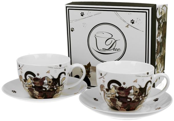 DUO ANIMALS 2er-Set Tassen 280 ml CATS FAMILY mit Untertassen, New Bone China Porzellan