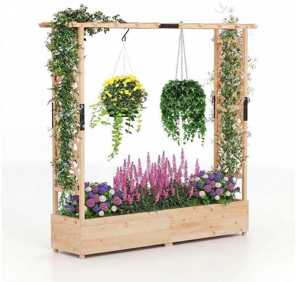 COSTWAY Blumenkasten (1 St), Hochbeet mit Rankgitter, für Kletterpflanzen, 196 x 44 x 182 cm