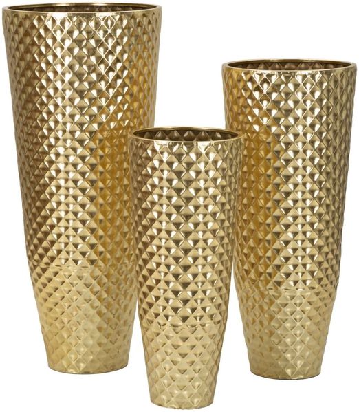Dmora Set mit 3 Vasen Manara, Dekorationszubehör, Amphoren, Einrichtungszubehör, 48x48 h110 cm, Gold