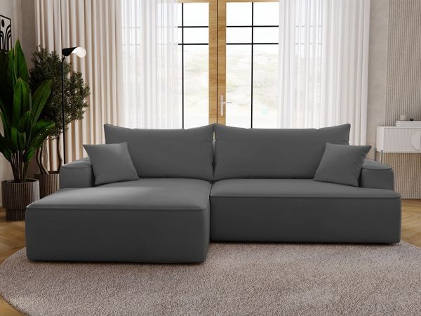 GRAINGOLD Ecksofa California, Sofa mit Schlaffunktion, Bettkasten, Eckcouch L-Form, Velour-Stoff, Grau, Links