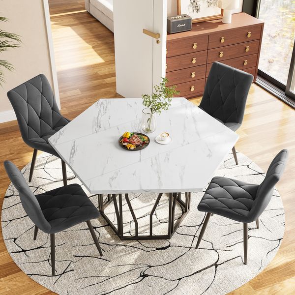 Esszimmer-Set 5-teilig sechseckiger Marmor Tisch 115x100cm & 4 Grau Samtstühle Metallgestell