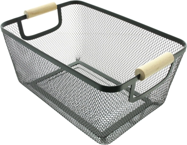 Dekoleidenschaft Drahtkorb "Fine" in schwarz mit Bambusgriff, Metallkorb, Aufbewahrungskorb, Korb, Servierkorb, Tragekorb, Obstkorb, Gemüsekorb, Regalkorb, Brotkorb
