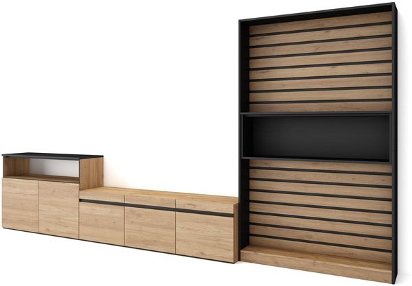Skraut Home | Wohnwand Wohnzimmer | Wohnzimmermöbel, Möbelset | 360 x 186 x 35 cm | Für TV-Geräte bis zu 65" | Wohnzimmer Möbel | Moderner Stil | Eiche Schwarz