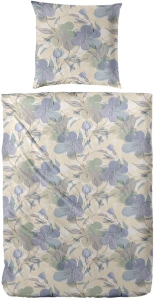 Primera Feinbiber Bettwäsche 135x200 Blumen Aquarell blau sand taupe 173098-73