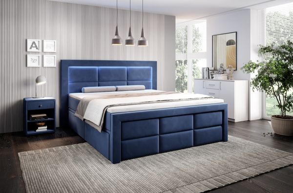 Aspen Boxspringbett mit Schubladen, LED-Beleuchtung, Samt, 180 x 200 cm, Matratze H3/H4, Dunkelblau
