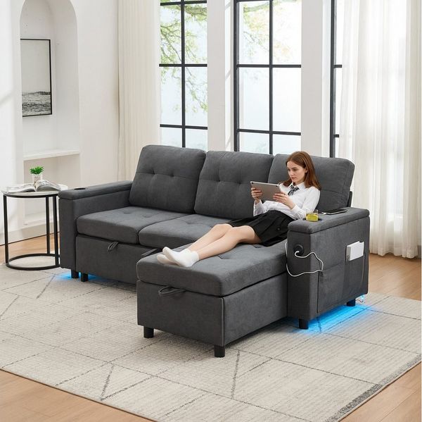 HAUSS SPOLE Schlafsofa mit bettfunktion und bettkasten Klappsofa Ecksofa mit LED-Lichtleiste, Set 1 Teile, Mit LED-Lichtleisten und verstecktem Stauraum