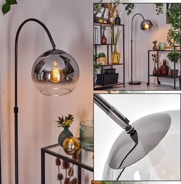 hofstein Bogenlampe Stehlampe aus Metall/Glas in Schwarz/Chrom/Rauch/Klar im Retro-Design, verstellbare Stehleuchte mit Glasschirmen (25cm) u. Fußschalter, E27