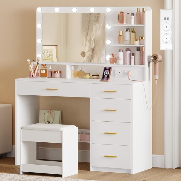 Schminktisch mit 10 LED-Beleuchtung, Hocker, Frisiertisch mit Große Spiegel, Schminktische mit Stecker, Und Haartrocknerhalter, Und Mehreren Schubladen, Weiß Bild 4