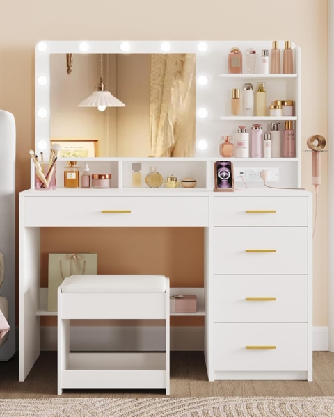 Schminktisch mit 10 LED-Beleuchtung, Hocker, Frisiertisch mit Große Spiegel, Schminktische mit Stecker, Und Haartrocknerhalter, Und Mehreren Schubladen, Weiß Bild 1