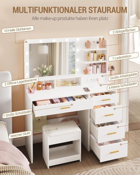 Schminktisch mit 10 LED-Beleuchtung, Hocker, Frisiertisch mit Große Spiegel, Schminktische mit Stecker, Und Haartrocknerhalter, Und Mehreren Schubladen, Weiß Bild 3