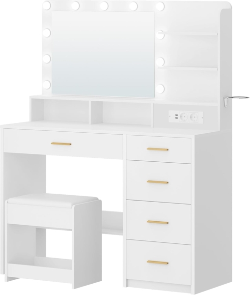 Schminktisch mit 10 LED-Beleuchtung, Hocker, Frisiertisch mit Große Spiegel, Schminktische mit Stecker, Und Haartrocknerhalter, Und Mehreren Schubladen, Weiß Bild 2