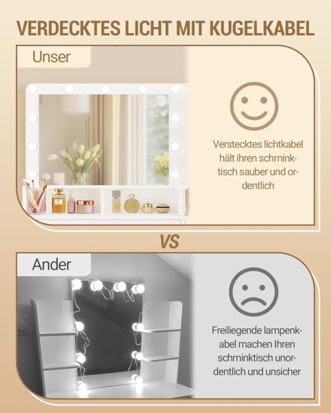 Schminktisch mit 10 LED-Beleuchtung, Hocker, Frisiertisch mit Große Spiegel, Schminktische mit Stecker, Und Haartrocknerhalter, Und Mehreren Schubladen, Weiß Bild 7