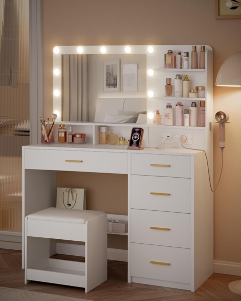 Schminktisch mit 10 LED-Beleuchtung, Hocker, Frisiertisch mit Große Spiegel, Schminktische mit Stecker, Und Haartrocknerhalter, Und Mehreren Schubladen, Weiß Bild 5