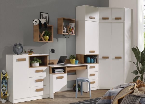 Marmex Möbel Grant Set-10 Komplettes Jugendzimmer-Set, 8-teilig, mit hohem Eckschrank, Kommode mit Schubladen, Kinderzimmermöbel mit Schreibtisch, laminierte Spanplatte, weiß+riviera Eiche, 341/91x235x55 cm