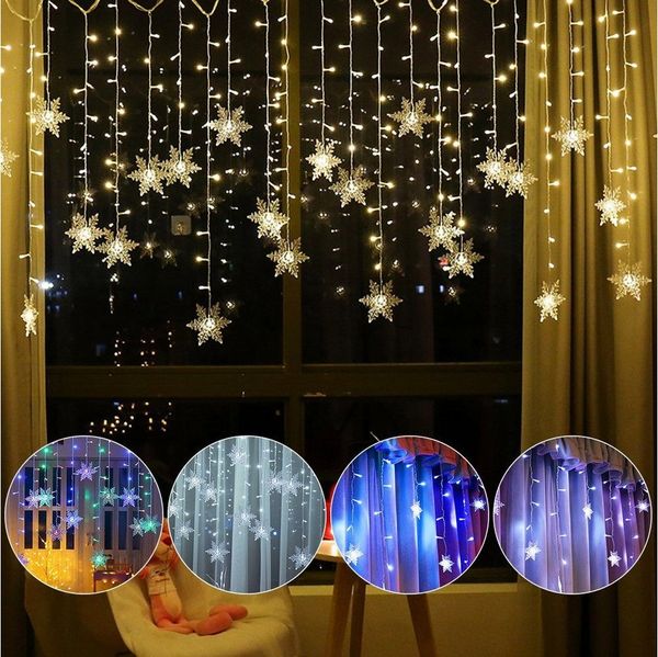 Merry 2024 LED-Lichterkette LED Lichtervorhang Lichterketten,Schneeflocke LED Vorhang Lichter, 8 Modi, Speicherf,chneeflocken Lichterkette