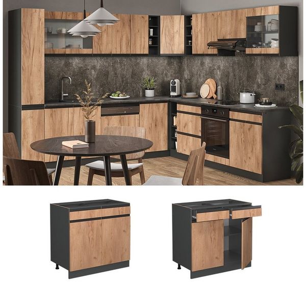 Küchenunterschrank R-Line Goldkraft Eiche 80 cm J-Shape, ohne Arbeitsplatte Vicco Bild 2