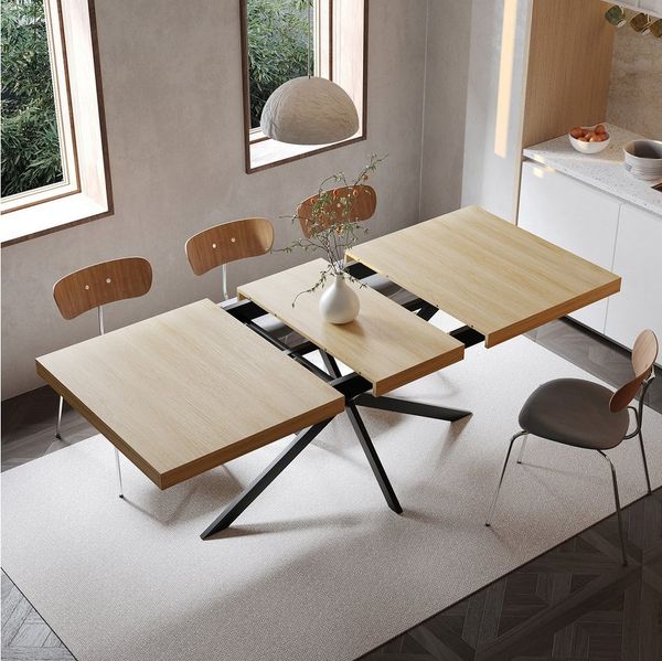OKWISH Esstisch Esszimmertisch (rechteckig mit verstecktem Stauraum, naturfarbene Tischplatte mit geprägter Mittelfläche, Ausziehbarer Küchentisch 140–180 cm im Retro-Design)