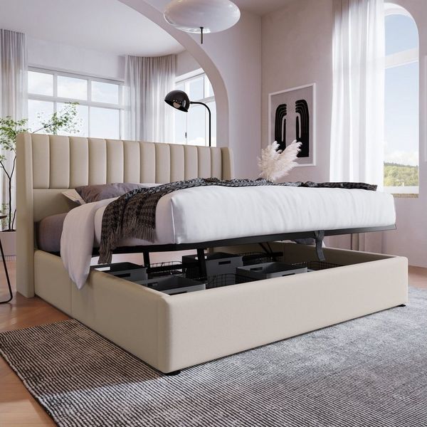 Odikalo Stauraumbett Polsterbett Bettgestell Lattenrost Metallrahmen Beige/Grau 140/160/180