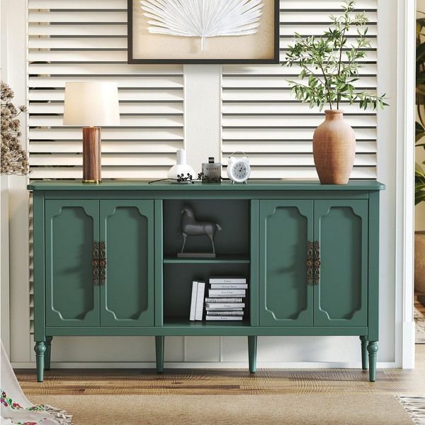 HOLTICO Sideboard Buffet Schrank mit 4 Türen und offenem Regal, Vintage Akzent Kommode (1 St), TV-Schrank, Küchenschrank, Kredenz, und Weinschrank