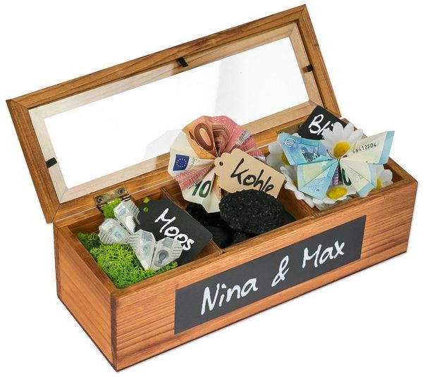 SURPRISA Geschenkbox Schotter-Schatulle Geldgeschenk, aus Pinienholz, 3 Fächer, Geschenk zur Hochzeit, Geburtstag usw.