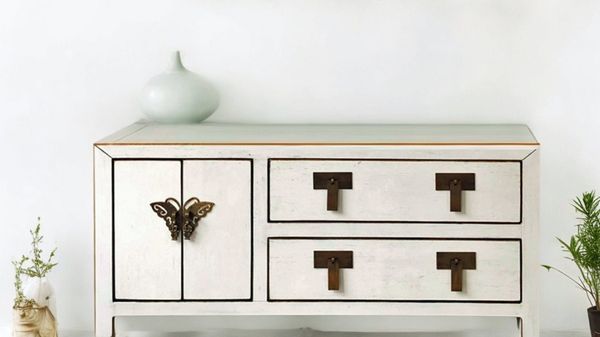 Vintage TV-Stand Elfenbein Kommode Sideboard Lowboard chinesisch asiatisch Kolonial-Stil Antik-Stil Schrank orientalisch Fernost shabby-chic Landhaus