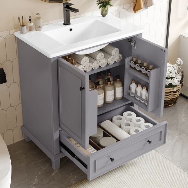 Bodenstehender Badezimmerschrank mit Waschbecken, Waschtisch, Beine aus Massivholz, MDF-Material, feuchtigkeits- und wasserdicht, großer Stauraum, integriertes Keramikwaschbecken, Grau, 76 x 46 x 87 cm