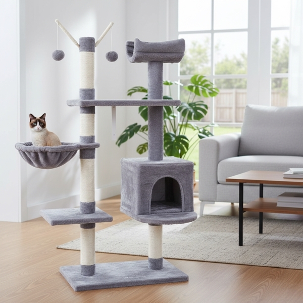 Kratzbaum Katzenbaum Kletterbaum Anti-Kipp-Beschläge Hellgrau 131cm Sisal Plüsch Katzenkratzbaum Katzenbett Katzenhaus Katzenhöhle