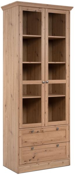 Vitrine Highboard Holz Eiche Glas Vitrinenschrank Wohnzimmerschrank Modern Landhausstil mit 2 Schubladen