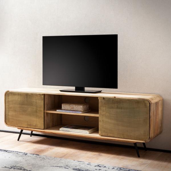 FineBuy Lowboard Mango Massivholz 160x55x41 cm TV-Kommode mit zwei punzierten Türen, Design TV-Schrank Hoch, Fernsehtisch Fernsehschrank Modern, Fernsehkommode Wohnzimmer Braun