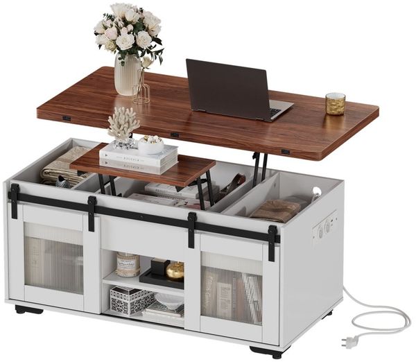TWSOUL Couchtisch Höhenverstellbarer Couchtisch mit Steckdosen & Stauraum, 3-in-1 Wohnzimmertisch, Versteckter Stauraum,100×48 cm