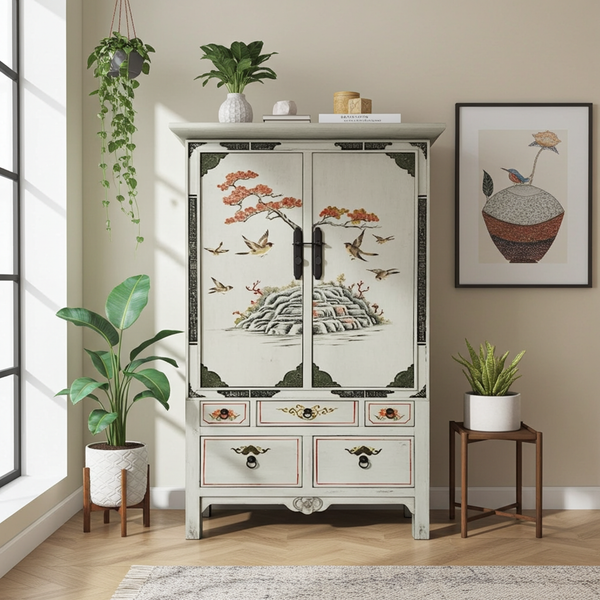 Chinesischer Hochzeitsschrank Weiß vintage handbemalt verziert Schrank Kommode Sideboard Lowboard asiatisch orientalisch Fernost Landhaus