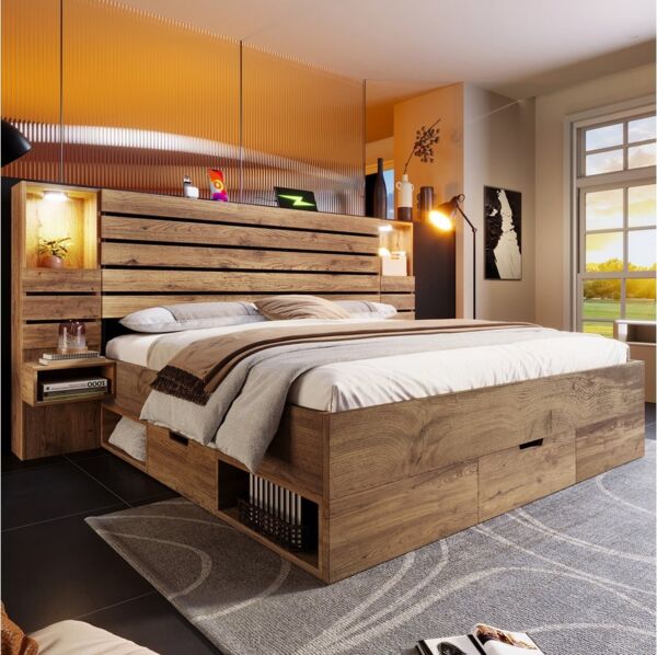 Flieks Holzbett, Doppelbett 180x200 cm mit Leselicht USB/Type-C Nachttisch Schubladen