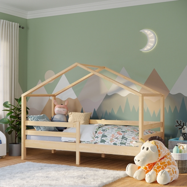 Bellabino 'Abia' Hausbett 90x200 cm, natur, Kiefer Massivholz, Montessori Kinderbett mit Rausfallschutz und Lattenrost