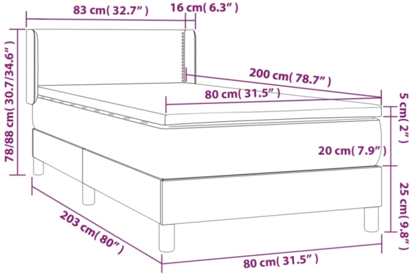 vidaXL Boxspringbett mit Matratze Hellgrau 80x200 cm Samt, Härtegrad: H2 [3130865] Bild 4