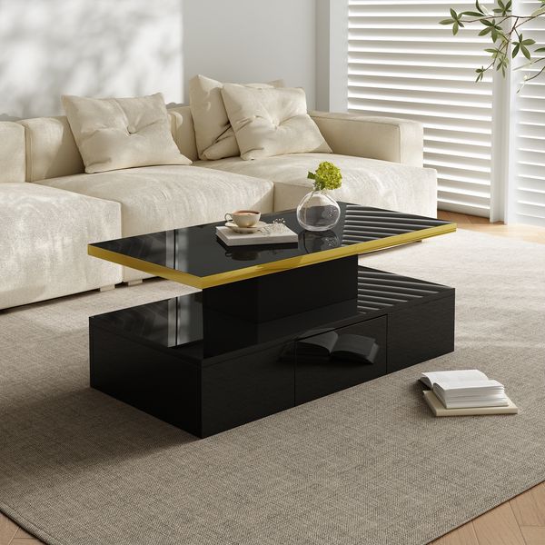 Couchtisch mit Schublade & 2 Ablagen, Hochglanz, 100x50x39 cm, Schwarz