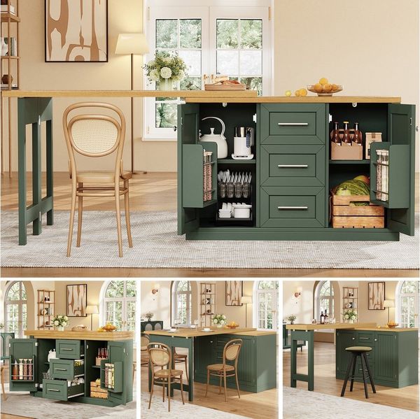 Flieks Kücheninsel Mehrzweckschrank mit 360° drehbarer und klappbarer Arbeitstisch, (Holzoptik Tischplatte Tiefe 40-80cm, Längenverstellbar 120-197cm), ausziehbarer Esstisch & Küchenschrank mit Schubladen&Snackregal Grün