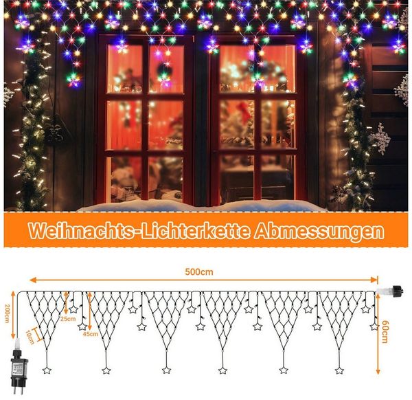 Merry 2024 LED-Lichterkette LED Lichtervorhang Sterne,LED-Weihnachtslichterkette,Weihnachtsdeko, Weihnachtsbeleuchtung, 8 Modi,mit 12 funkelnden Sternentropfen