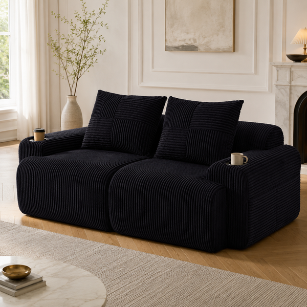 Modulares 2-Sitzer Cordsofa, Getränkehalter, Seitentasche, Schwarz