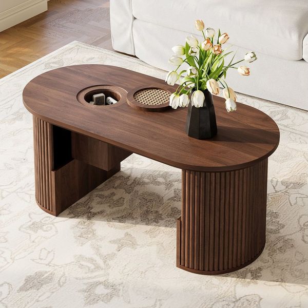 KLAM HOME Couchtisch Couchtisch oval im Retro-Stil, Nussbaum Optik (Mit vertikaler Textur und integrierter Aufbewahrung), Modernes Wohnzimmertisch aus MDF, 105x50x46,5cm