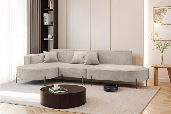 Ecksofa Designersofa VALENCIA in Stoff Noel Hellgrau Ottomane Links