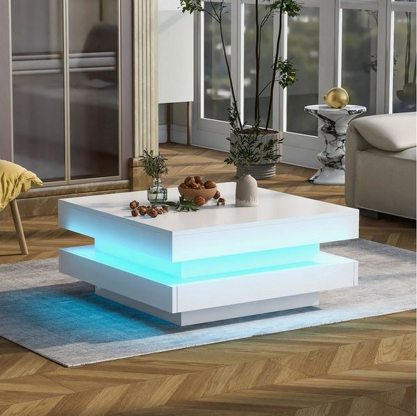 OKWISH Couchtisch Beistelltisch 70x70x36 cm mit drehbarer Platte und LED-Beleuchtung (Packung, 1-St, Weißer quadratischer Hochglanz-Couchtisch), Moderner Techno, 360-Grad-Drehtisch