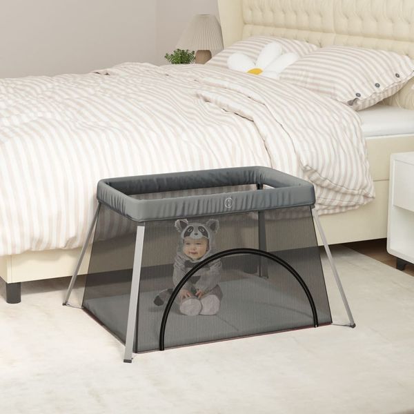 vidaXL Baby-Laufstall mit Matratze Dunkelgrau Leinenstoff 10302
