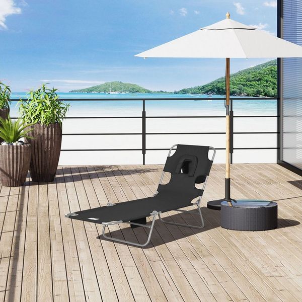Outsunny Gartenliege mit Lesefenster, Kopfkissen, 5-Fach verstellbare Rückenlehne, Liegestuhl, 1 St, Sonnenliege, bis 120 kg belastbar, für Garten Strand Pool, Schwarz