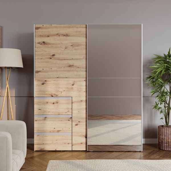 Forte WINN 2 Kleiderschrank 170, moderner Kleiderschrank mit 2 Schwebetüren, 3 Schubladen, Spiegel, Holzwerkstoff, Artisan Eiche Holzdekor, 170,3 cm breit x 200,5 cm hoch x 61,2 cm tief