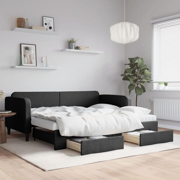 vidaXL Tagesbett Ausziehbar mit Schubladen Schwarz 90x190 cm Stoff 3196882