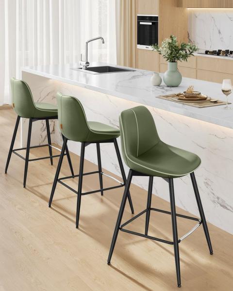 Vasagle Barhocker 2er Set, Barstühle, ergonomische Rückenlehne, Kunstleder, Metallbeine mit verstellbaren Universalfüßen, 73 cm hoch, Home Bar, einfache Montage, waldgrün LBC888C01