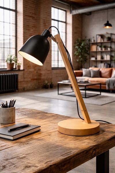 EDGAR Moderne Tischlampe mit Holzdesign und flexiblem Arm Schwarz ED027