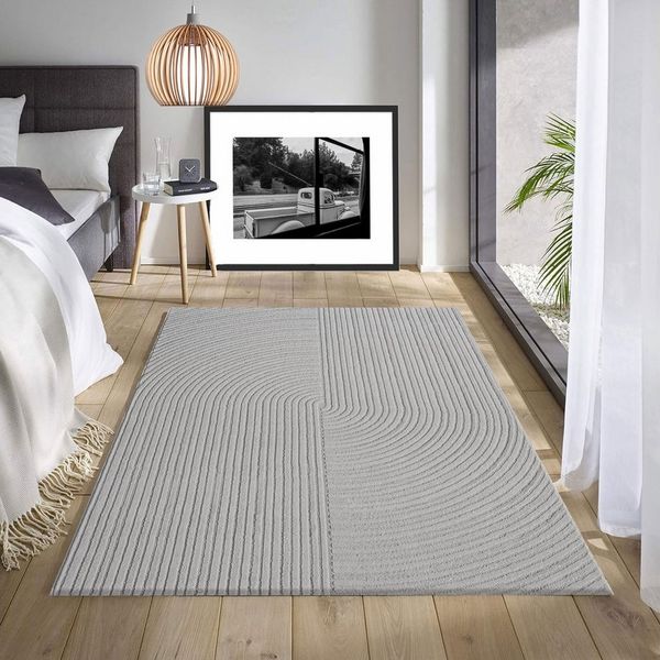 Vimoda Teppich Teppich Wohnzimmer Boho Design dünn kurzflur teppich, Rechteckig, Höhe: 6 mm, Hoch Tief Effekt 3D Teppich, in Creme, Grau &Taupe Läufer Schlafzimmer