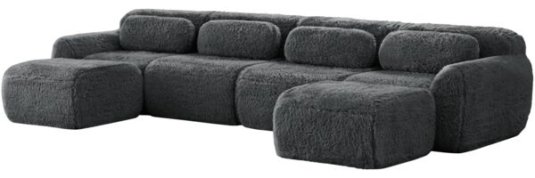 Sofa U‑förmig, Sitzfläche großzügig, Plüschstoff Grau, modulares Ecksofa, ohne Montage, schlaffreundlich,378*179*73 cm Bild 4