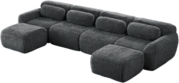 Sofa U‑förmig, Sitzfläche großzügig, Plüschstoff Grau, modulares Ecksofa, ohne Montage, schlaffreundlich,378*179*73 cm Bild 6